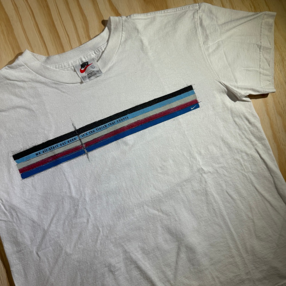 Nike Men's Finish That Counts Graphic Striped Tee White Vintage 90s Size L